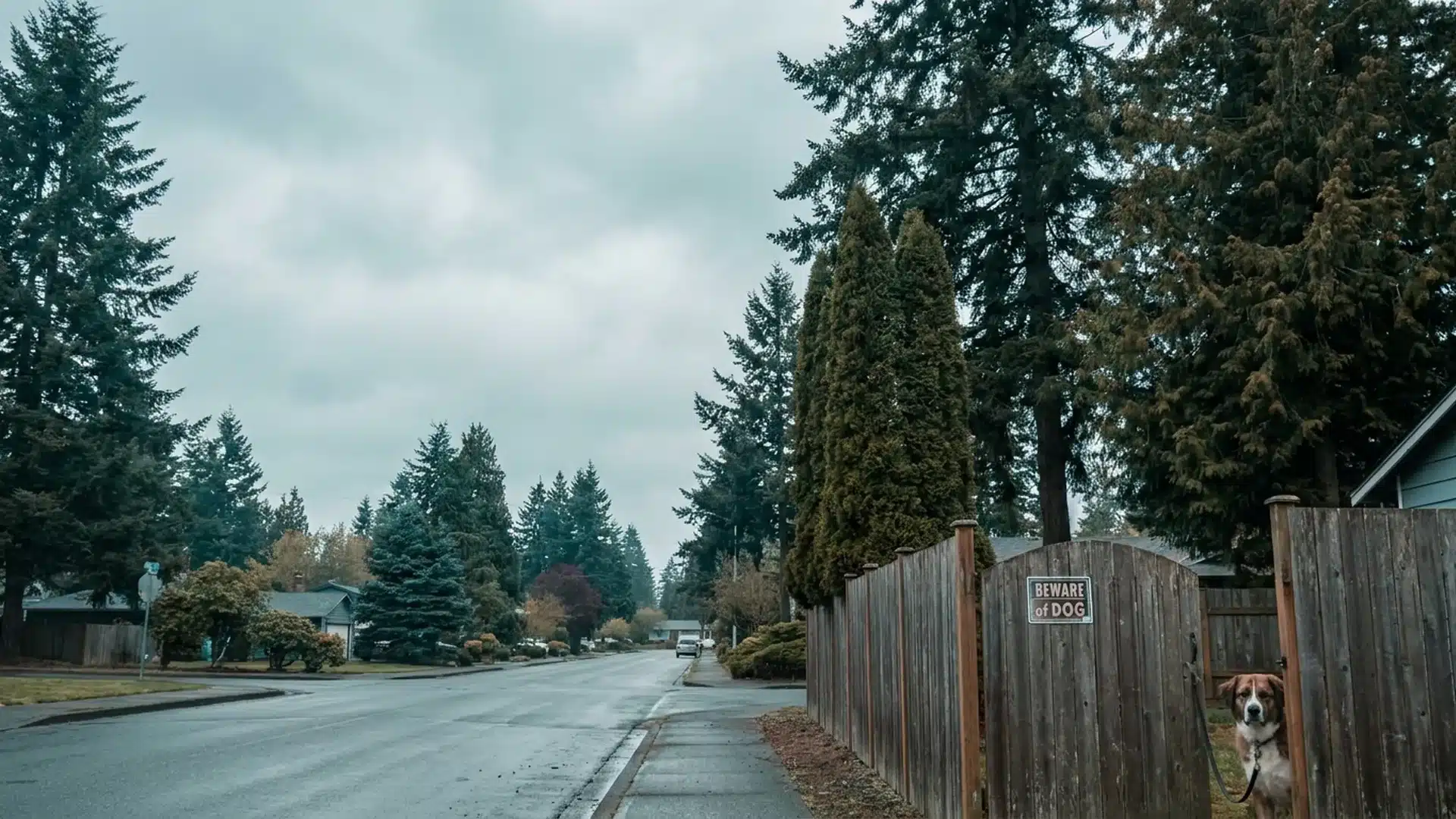 Quiet Kent Washington residential street with a Beware of Dog fence sign