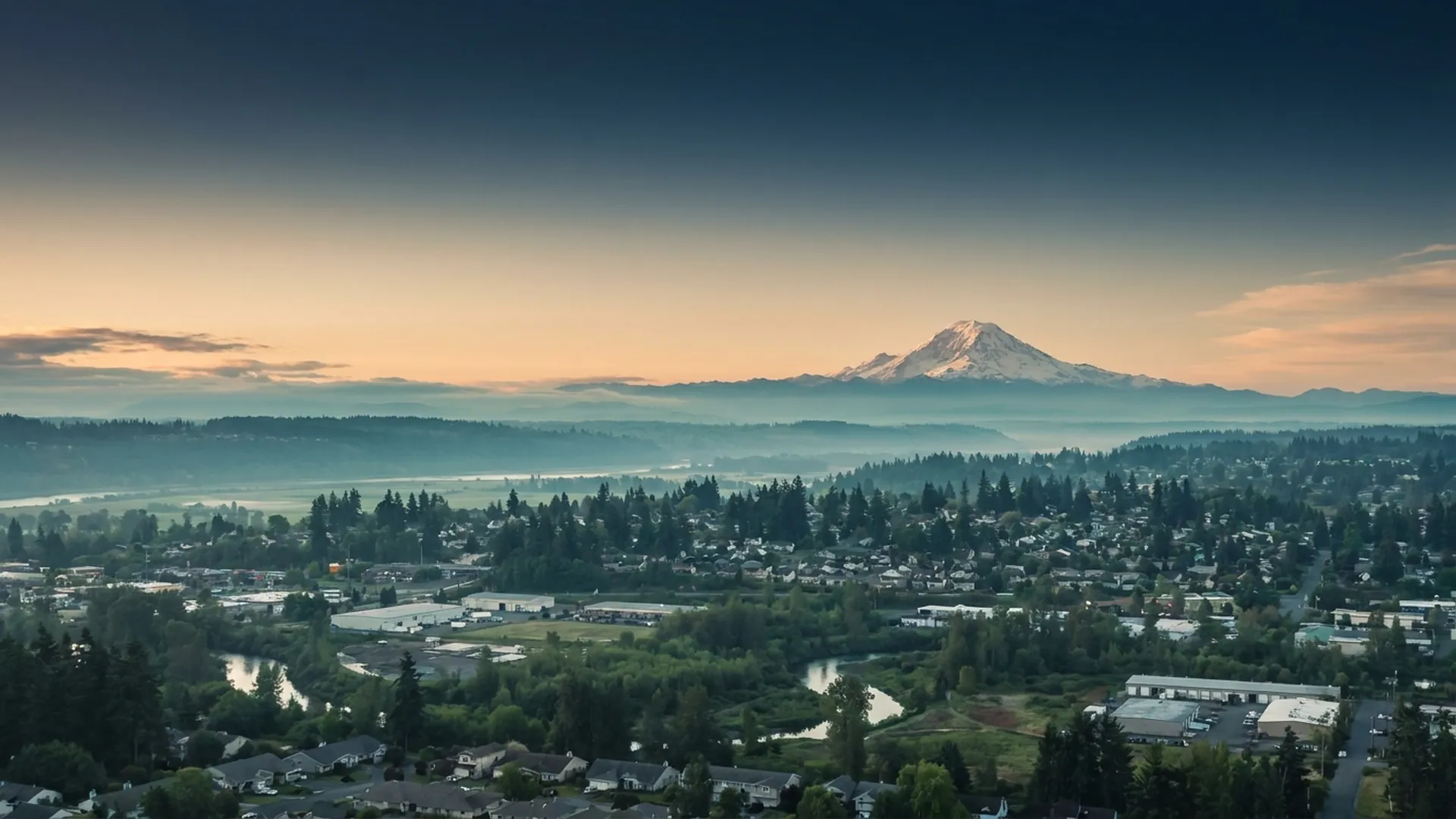 Mount Rainier rising over the Kent Valley in south King County, Washington