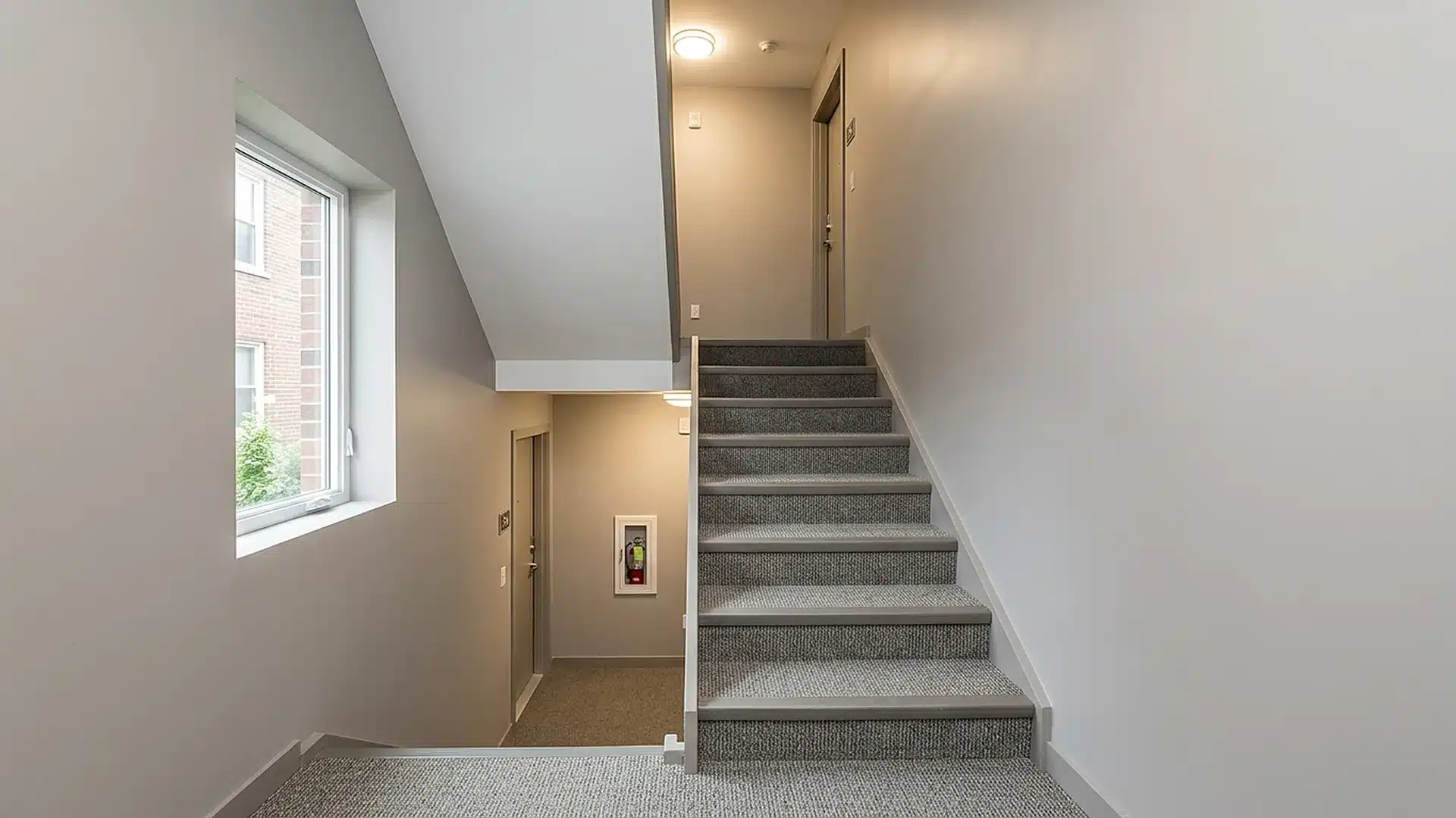 Apartment stairwell with a missing handrail and worn concrete steps