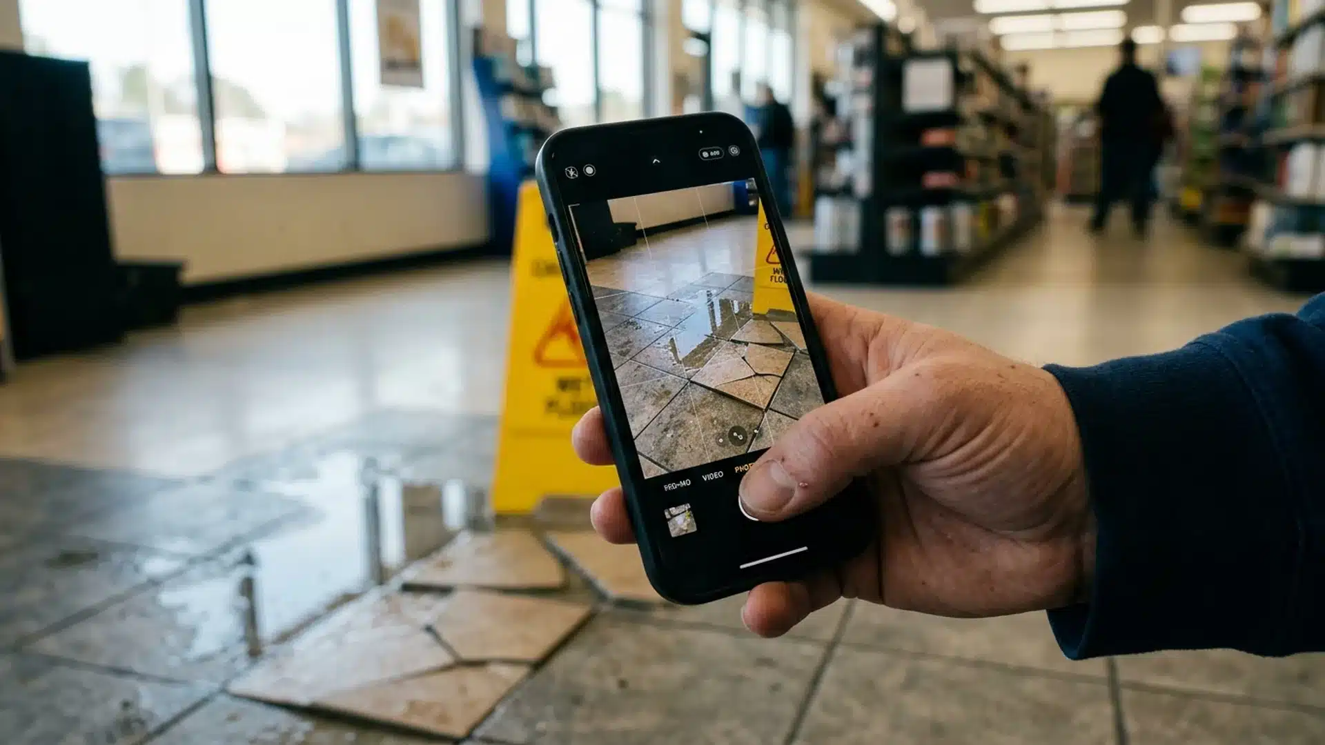 Hand photographing a spilled-water floor hazard with a smartphone to preserve evidence