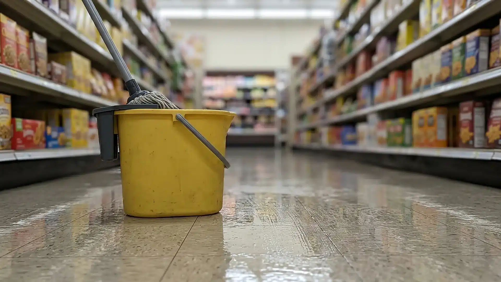 Unmarked water spill on a reflective grocery store floor with no wet-floor caution sign