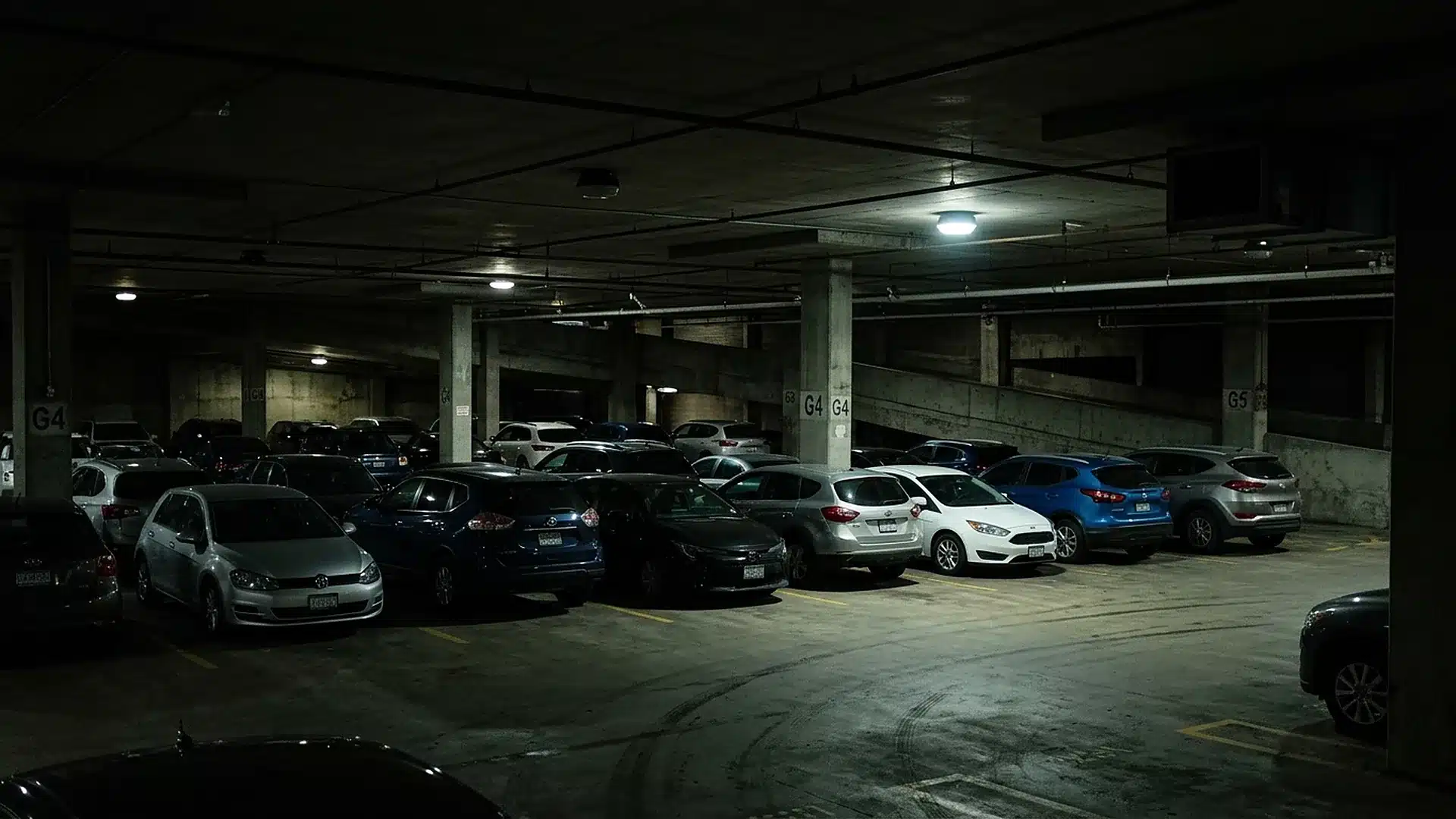Dark, poorly lit parking garage with burned-out lights between rows of parked cars