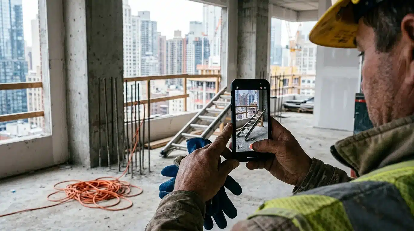 NYC construction worker photographing an unsecured ladder and scaffold hazard on a phone to document the scene.