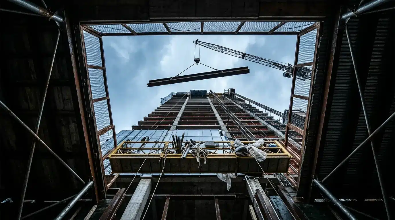 Low-angle view from a NYC sidewalk shed of a swing-stage scaffold and a tower crane carrying a steel beam overhead.