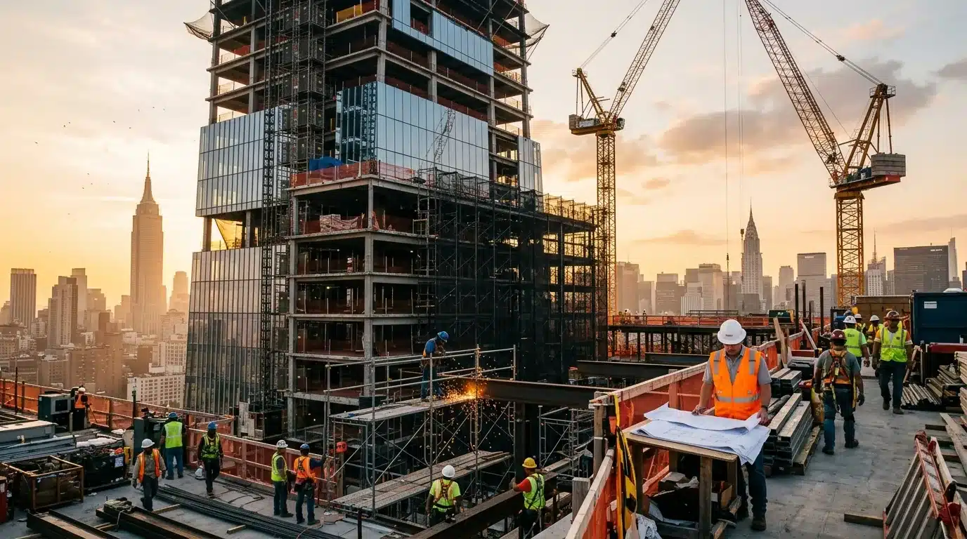 Manhattan high-rise construction site at sunset with scaffolding, tower cranes, and a contractor reviewing plans.