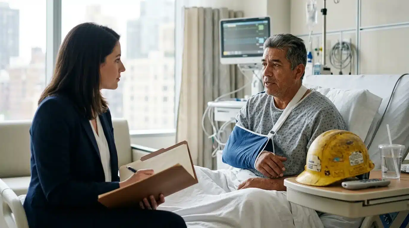 Attorney at a hospital bedside taking notes with an injured NYC construction worker whose arm is in a sling.