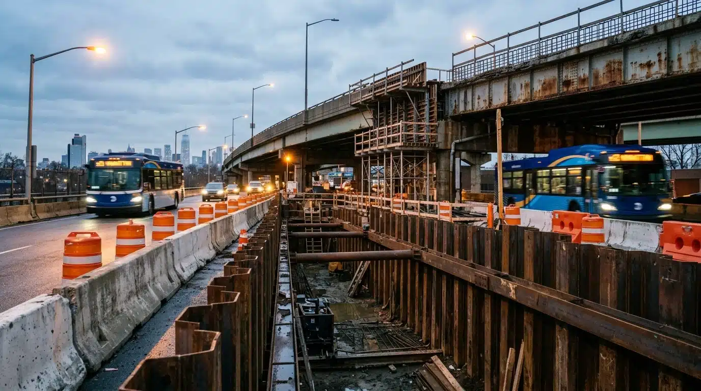 NYC roadway and bridge reconstruction at dawn with trench excavation, steel shoring, traffic barrels, and a passing MTA bus.