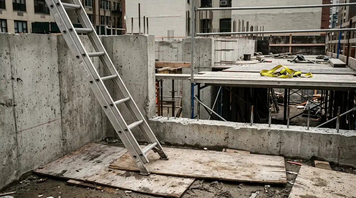 Unsecured extension ladder on plywood at an unsafe angle against unfinished concrete with a missing scaffold rail nearby.